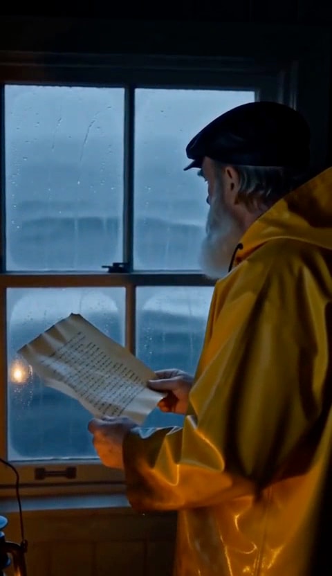 A character in a yellow raincoat reading beside a window